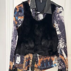 Black Faux Fur Vest with Printed Shirt